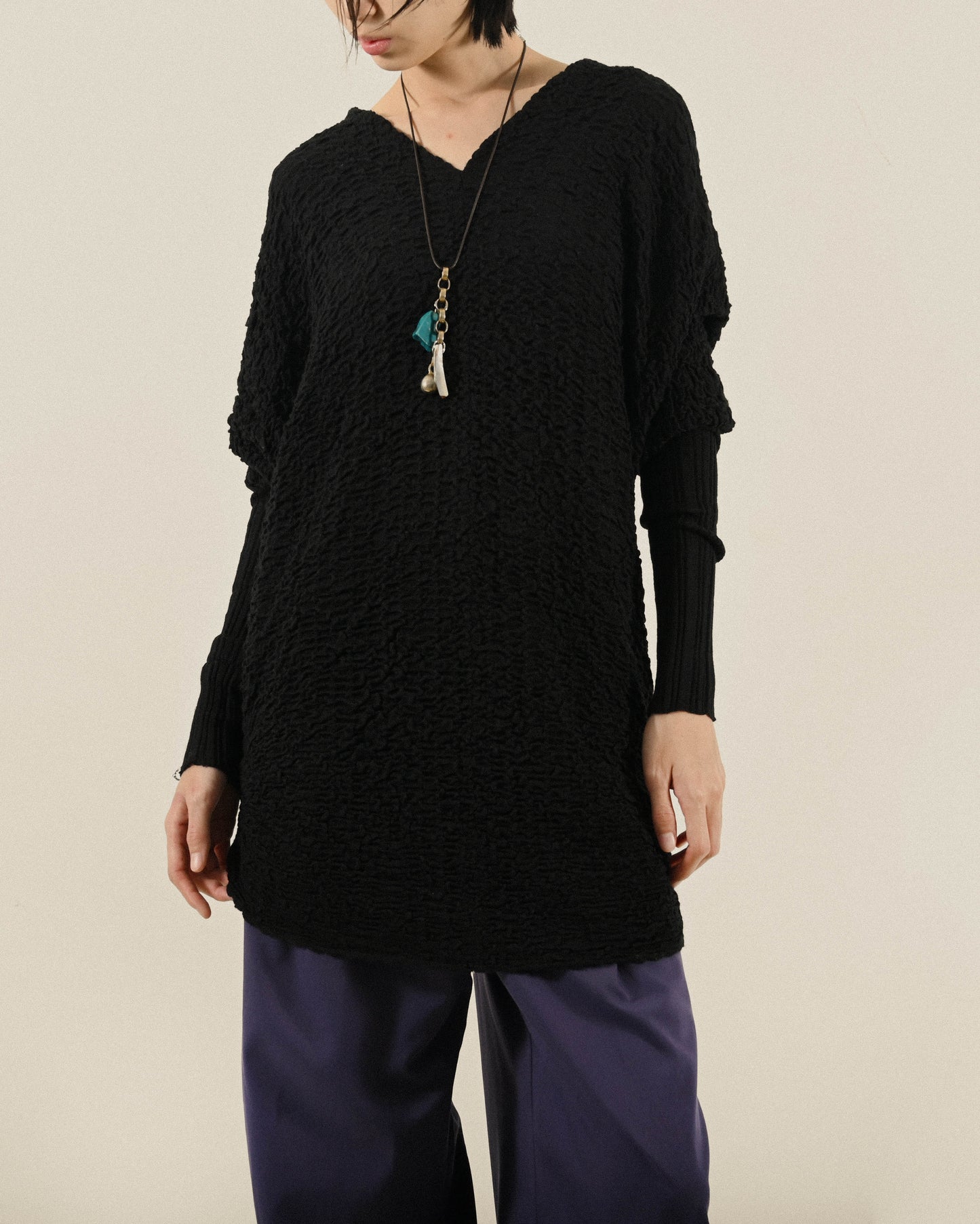 挖背設計紋理針織長版古著上衣