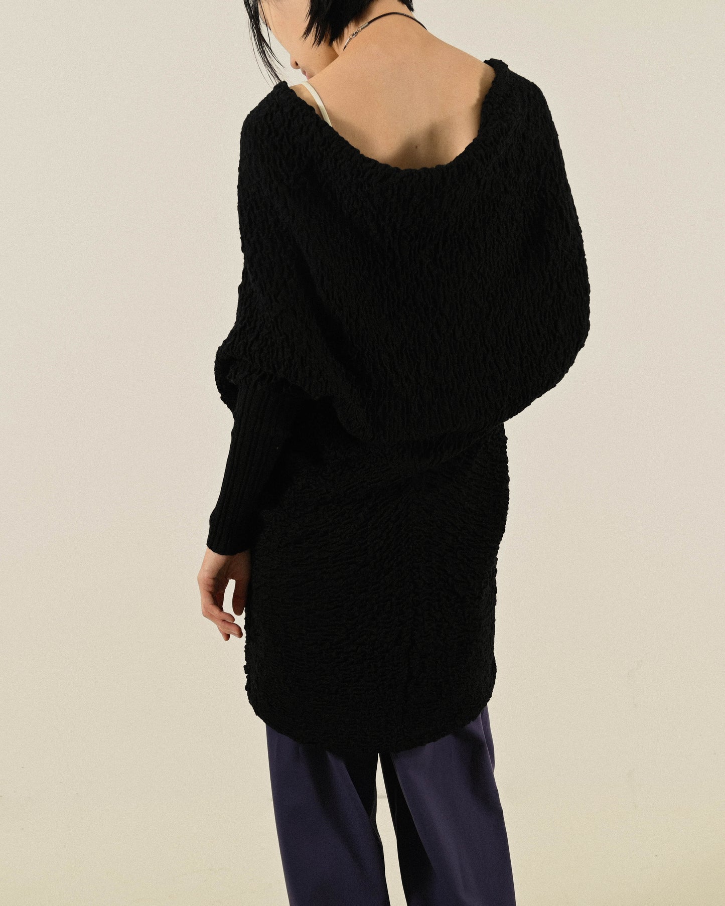 挖背設計紋理針織長版古著上衣