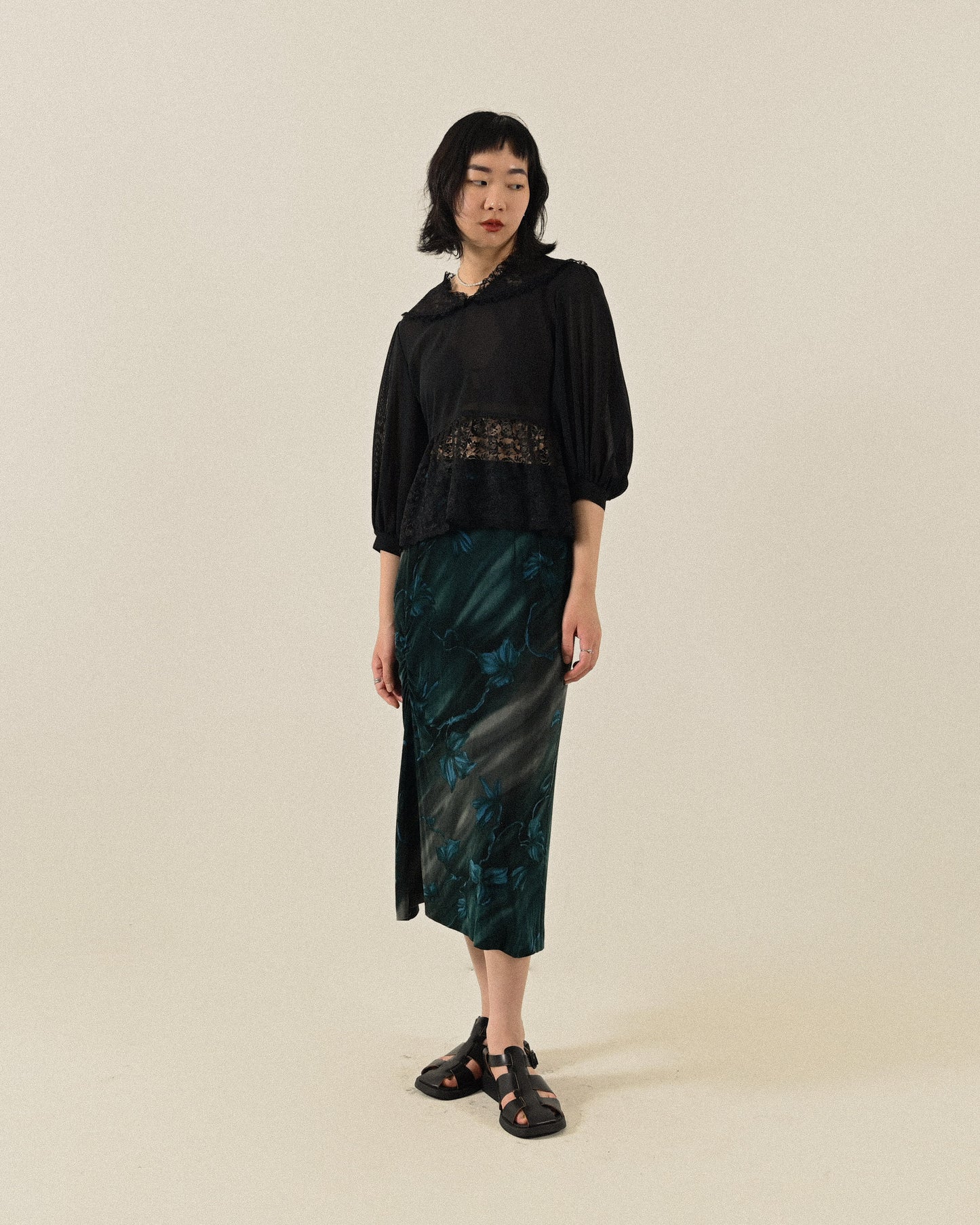 繪彩印花抽褶針織古著裙