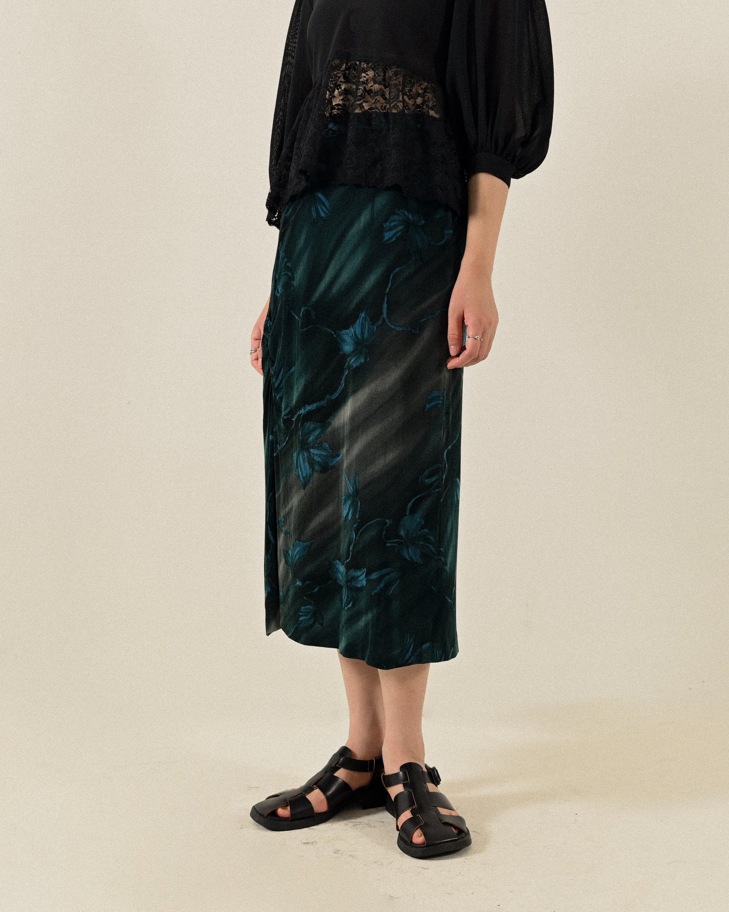 繪彩印花抽褶針織古著裙