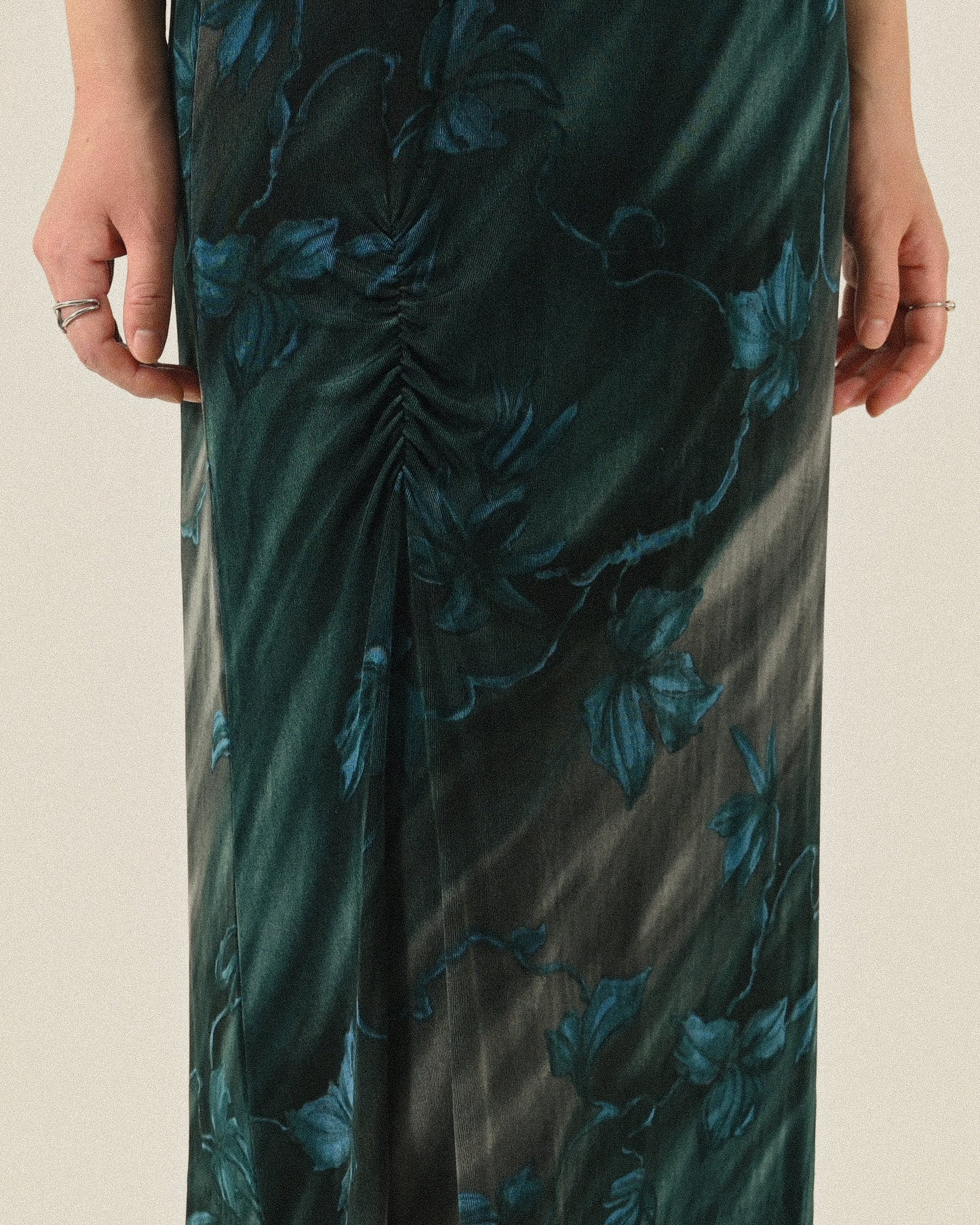 繪彩印花抽褶針織古著裙