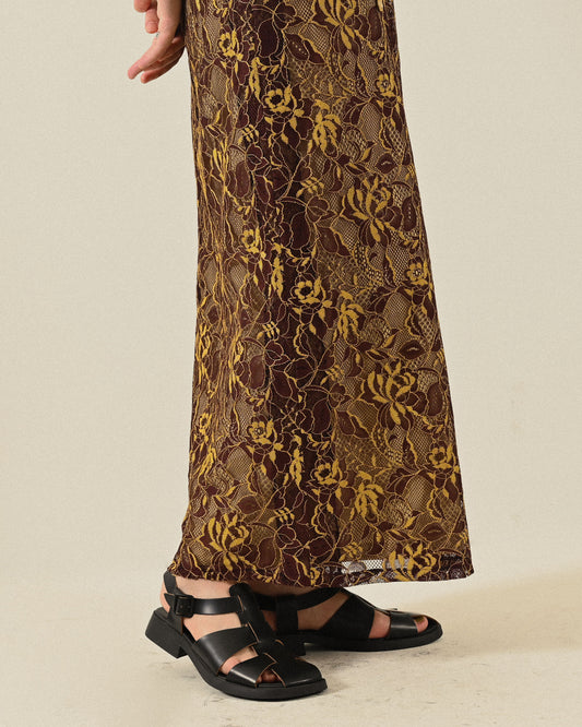 精工蕾絲高腰古著長裙