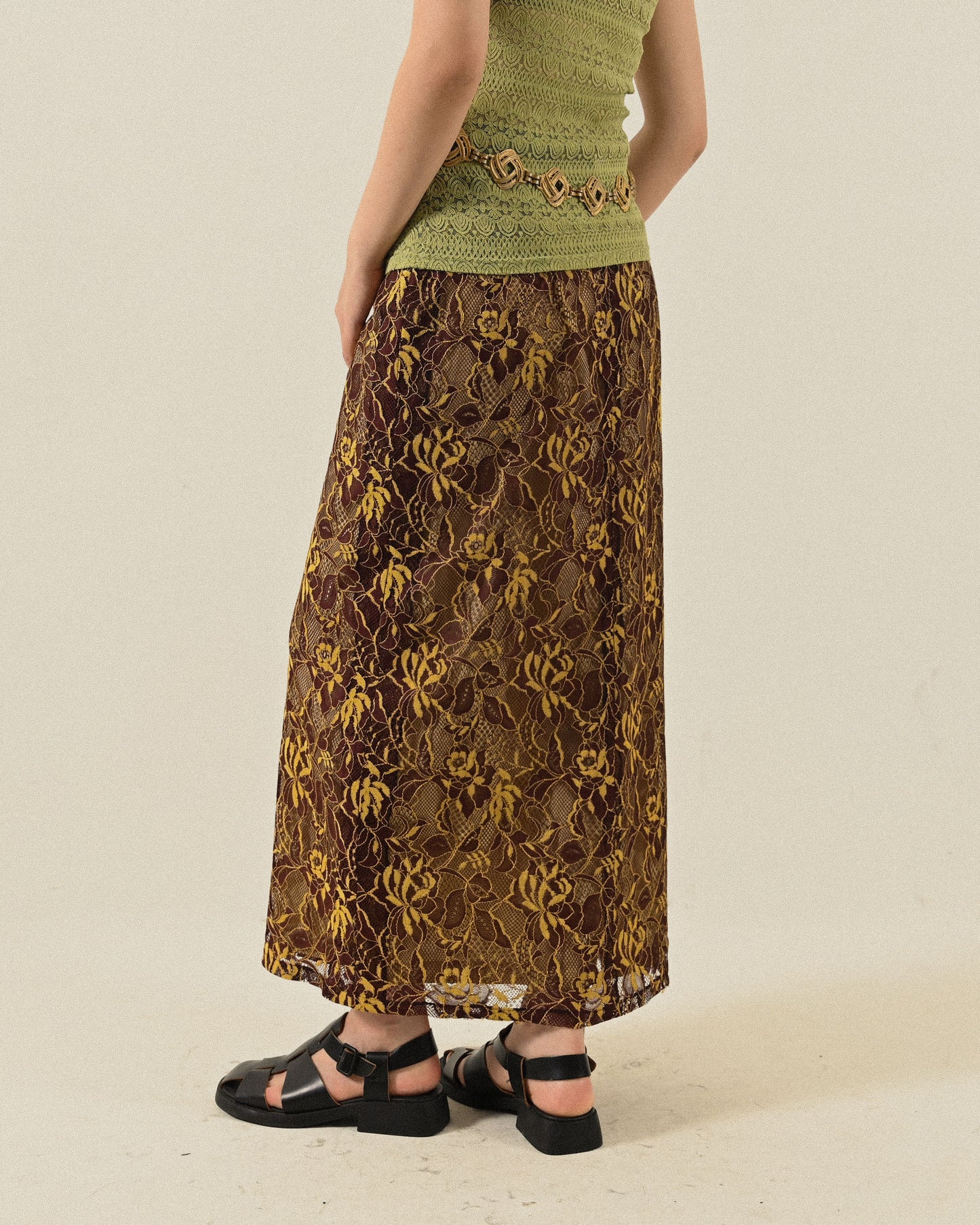 精工蕾絲高腰古著長裙