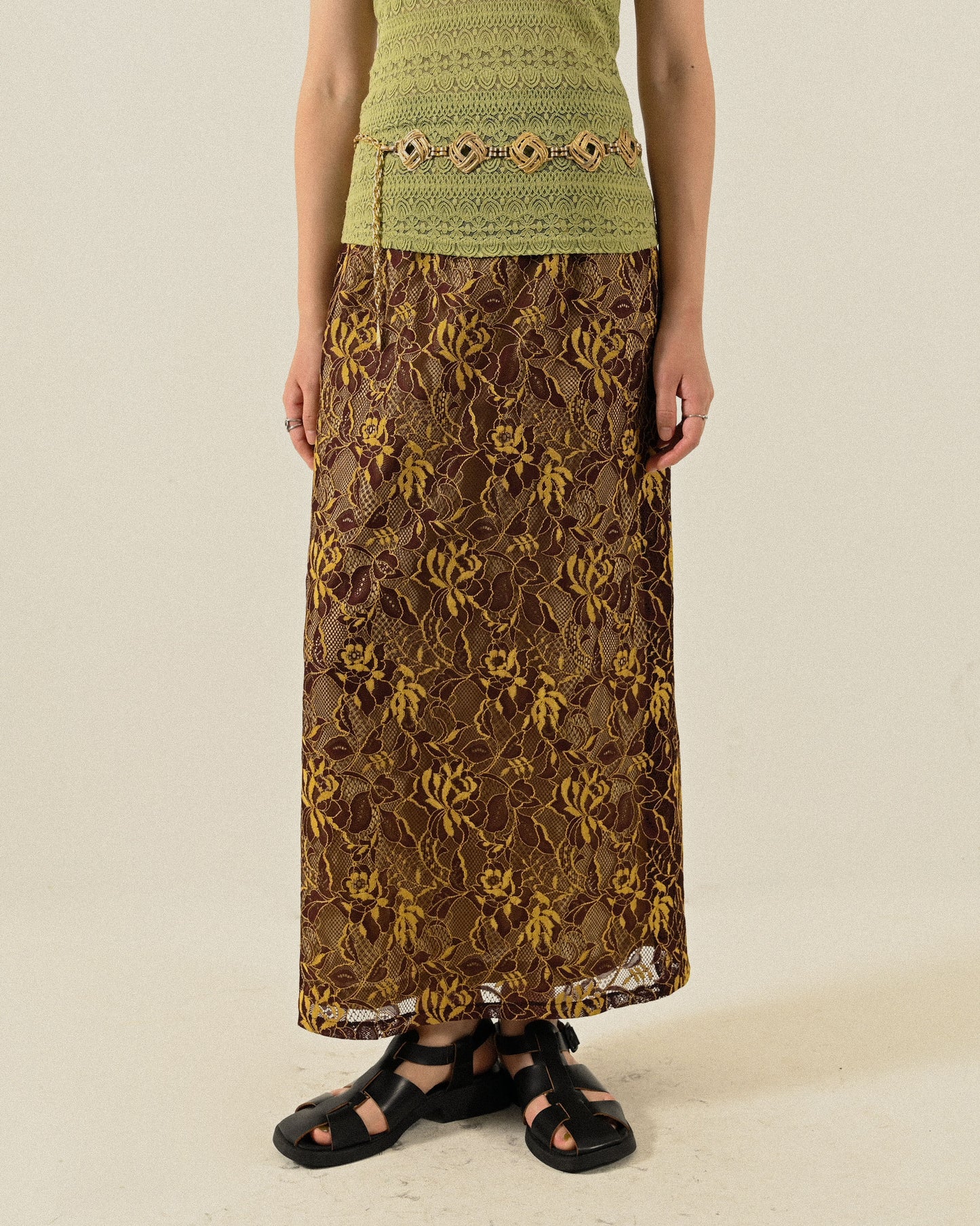 精工蕾絲高腰古著長裙