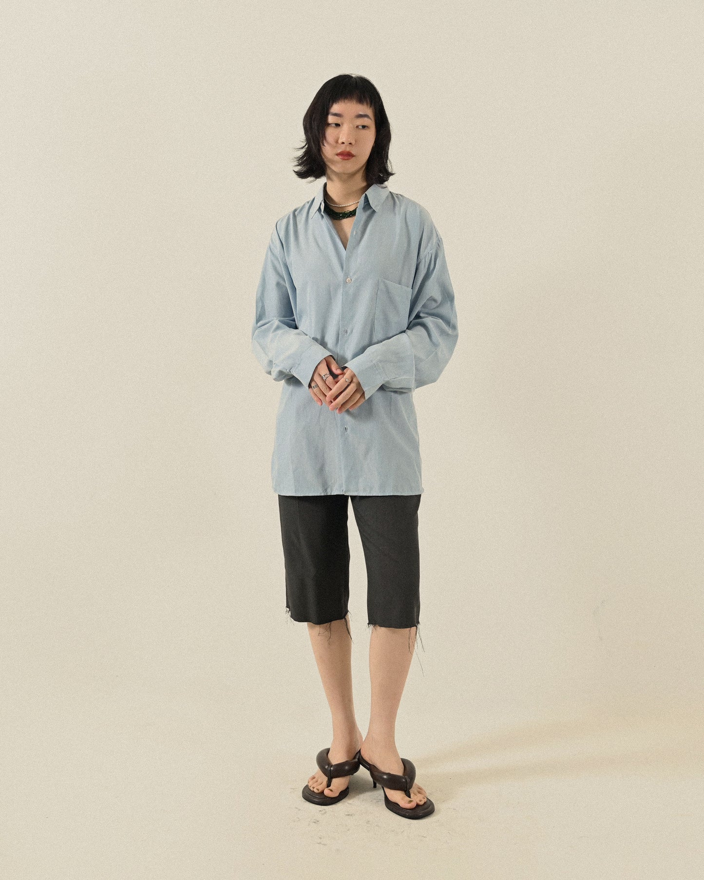 Upcycling純色抽皺古著襯衫