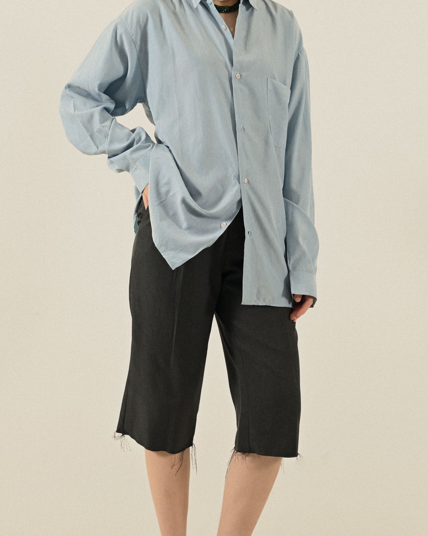 Upcycling純色抽皺古著襯衫