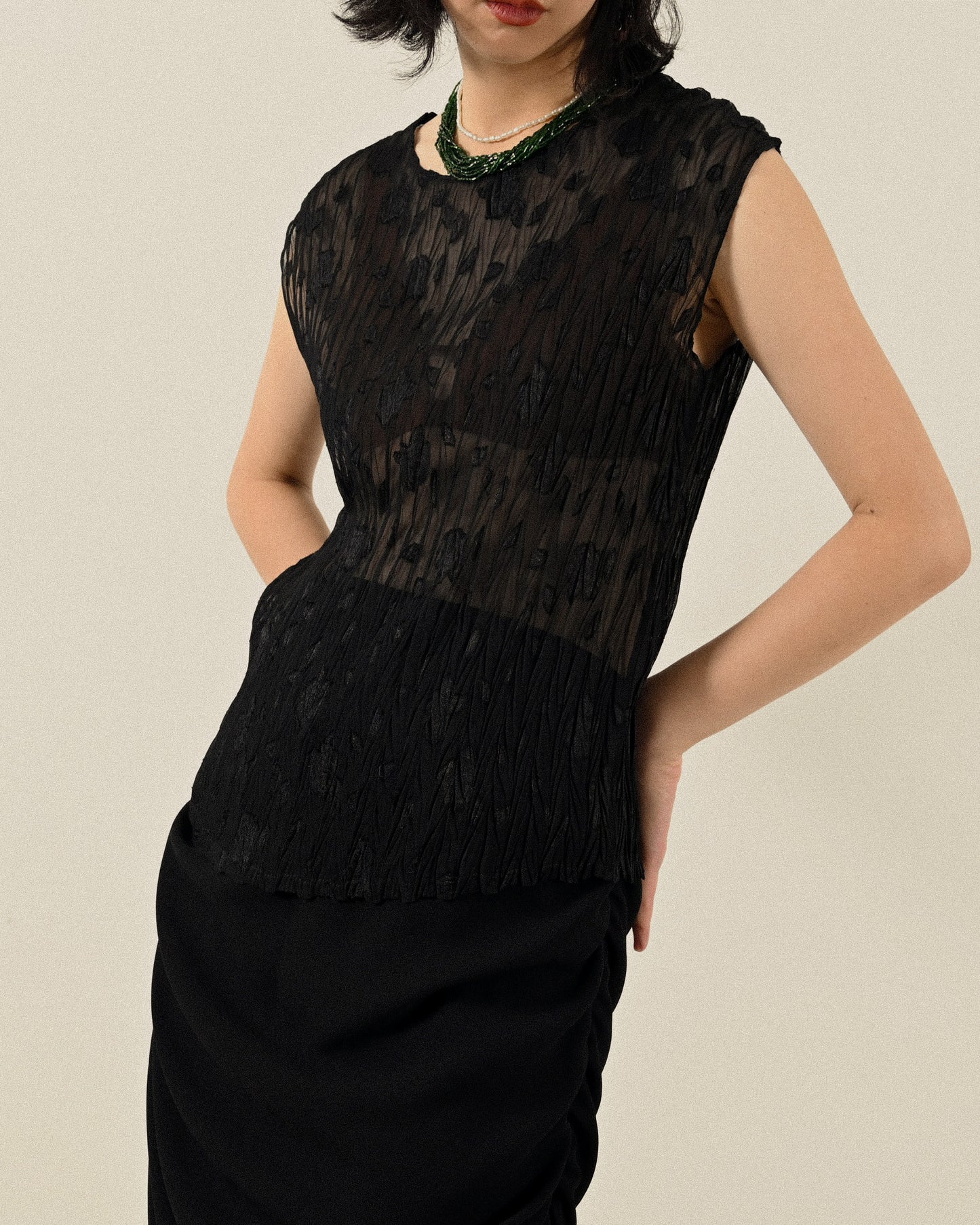 Upcycling精工抽褶高腰古著裙