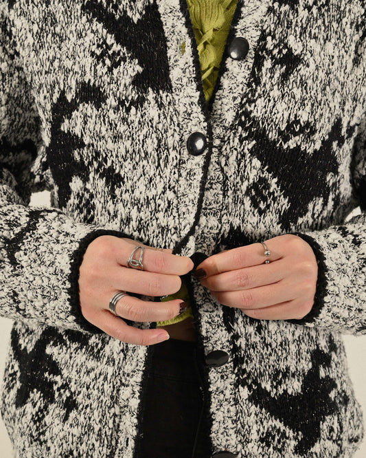 黑白混紡針織開襟古著毛衣