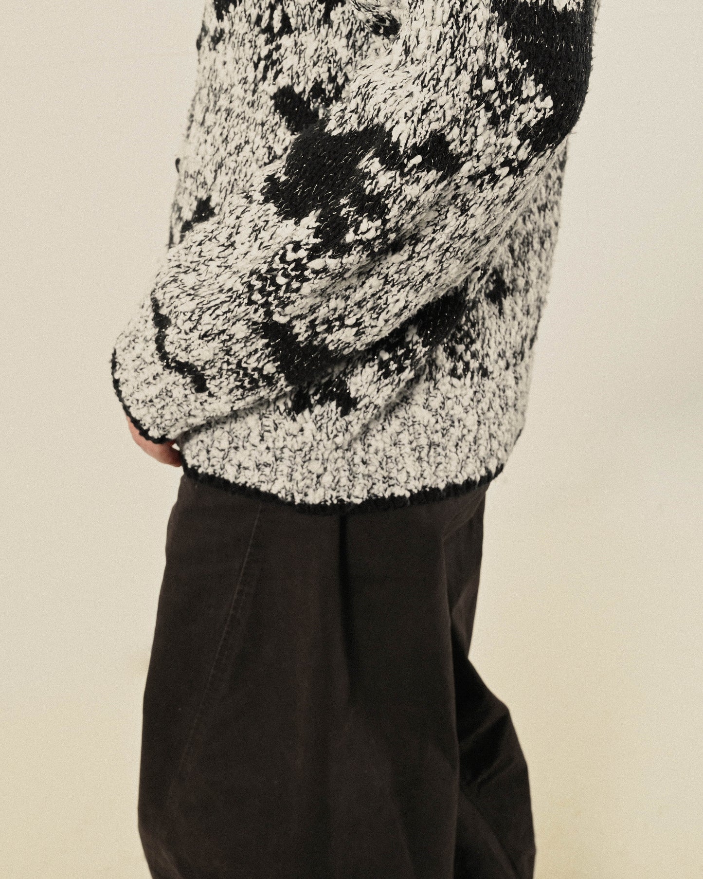 黑白混紡針織開襟古著毛衣