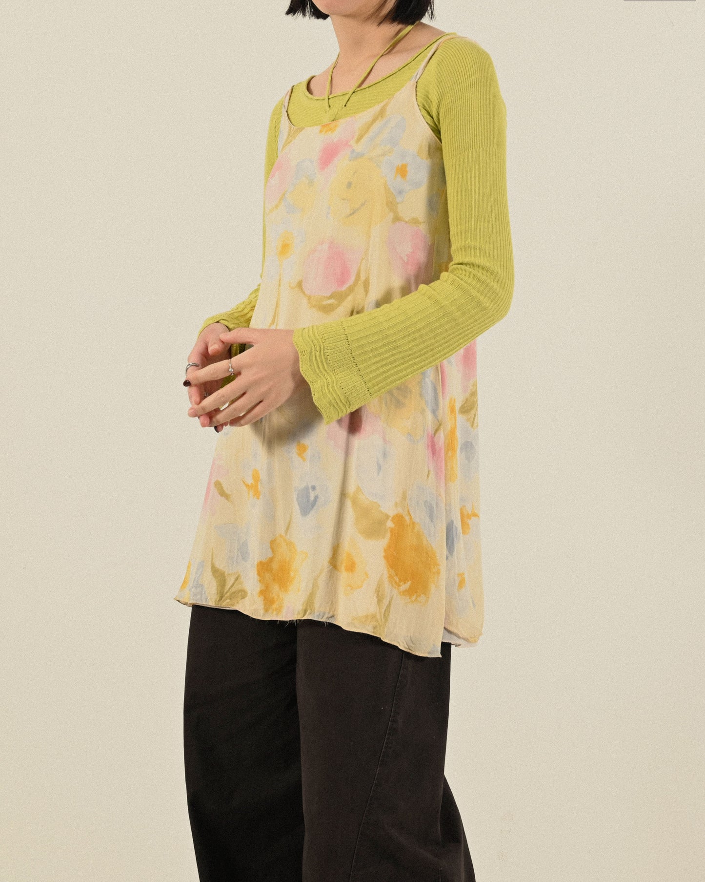 義大利製花卉印花紗質細肩帶古著洋裝