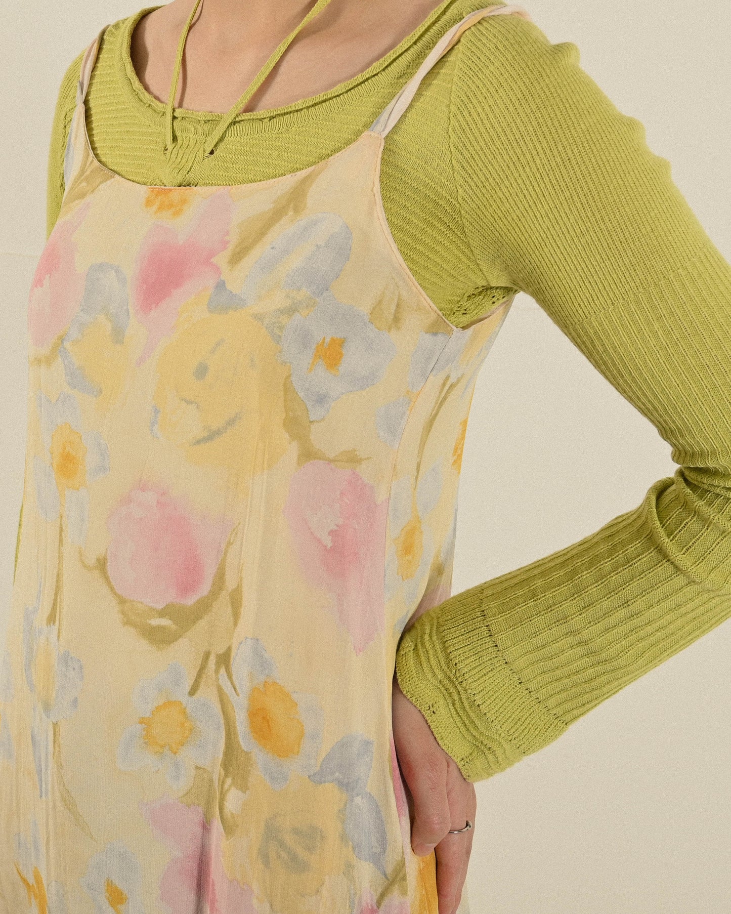 義大利製花卉印花紗質細肩帶古著洋裝