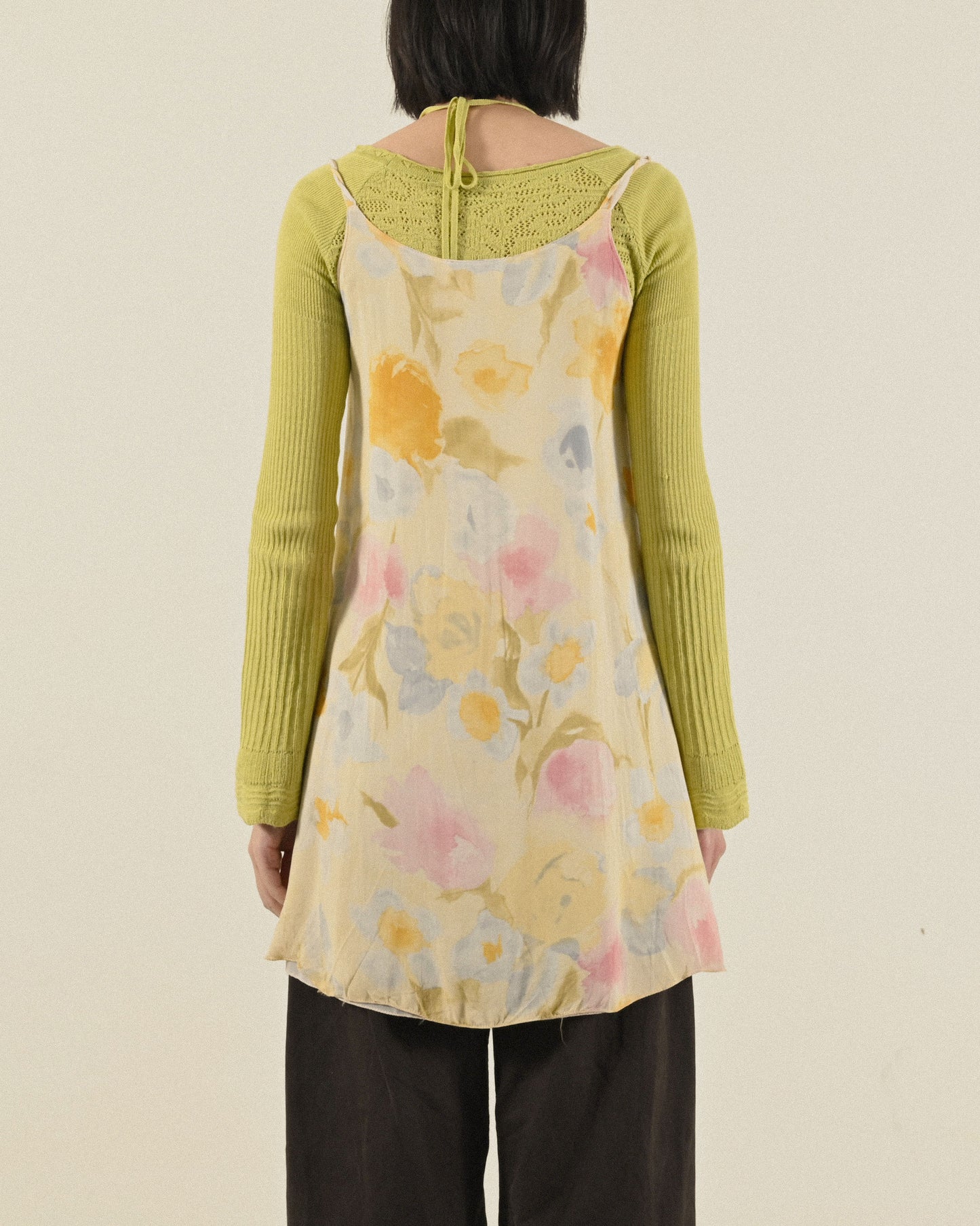 義大利製花卉印花紗質細肩帶古著洋裝