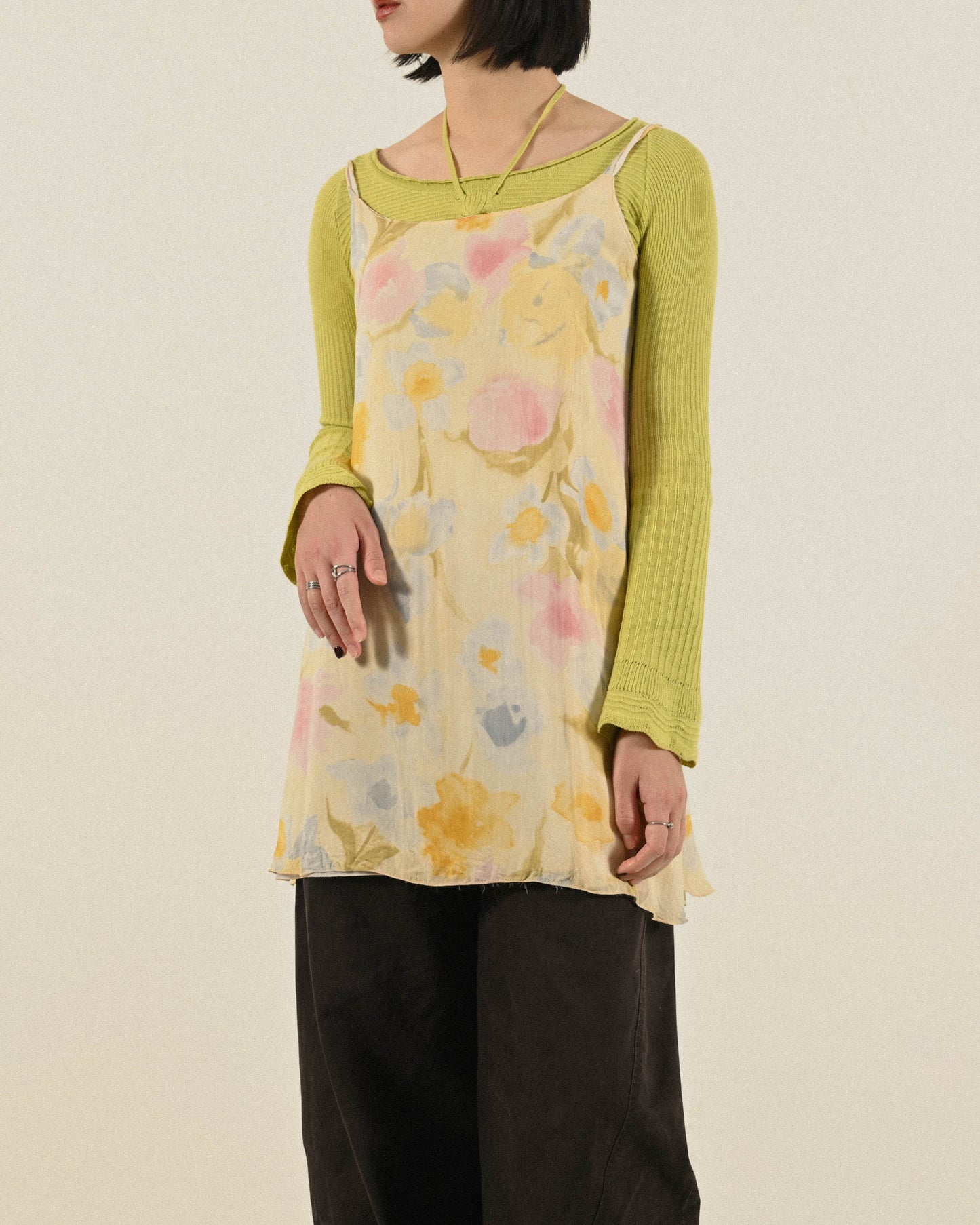 義大利製花卉印花紗質細肩帶古著洋裝