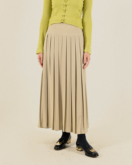 精工寬版百褶高腰古長著裙