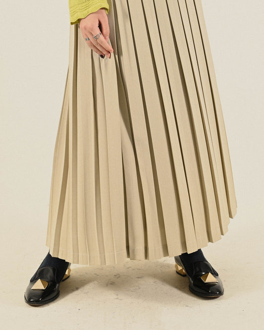 精工寬版百褶高腰古長著裙