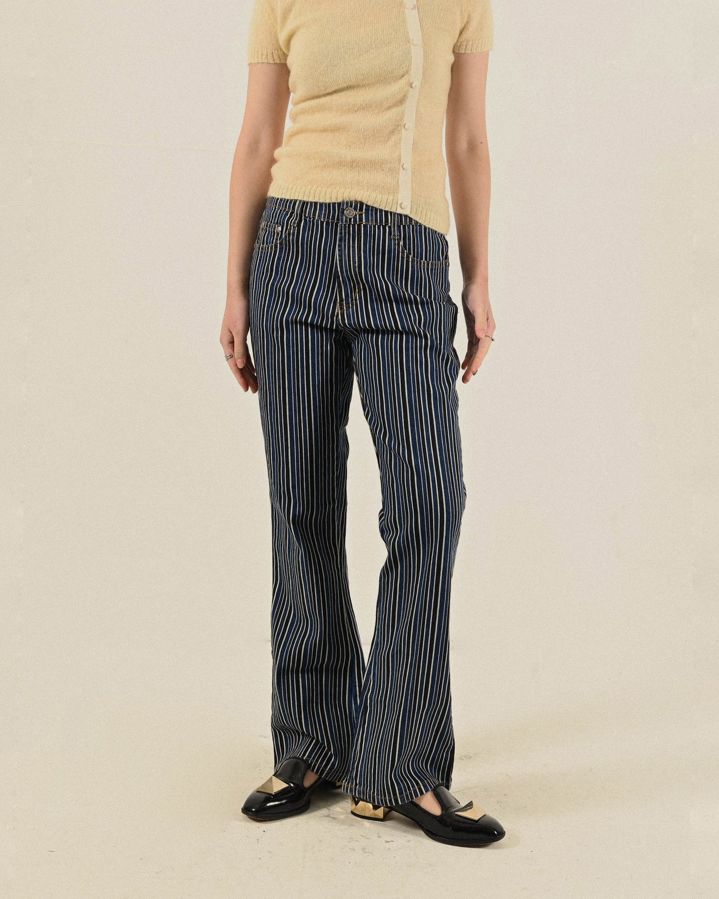 俐落輪廓條紋牛仔古著長褲