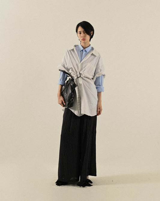 紗質條紋寬版高腰古著長褲