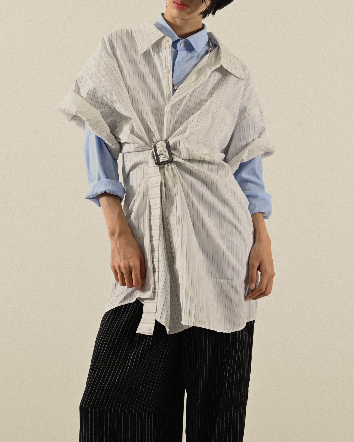 Upcycling扣帶寬袖古著襯衫