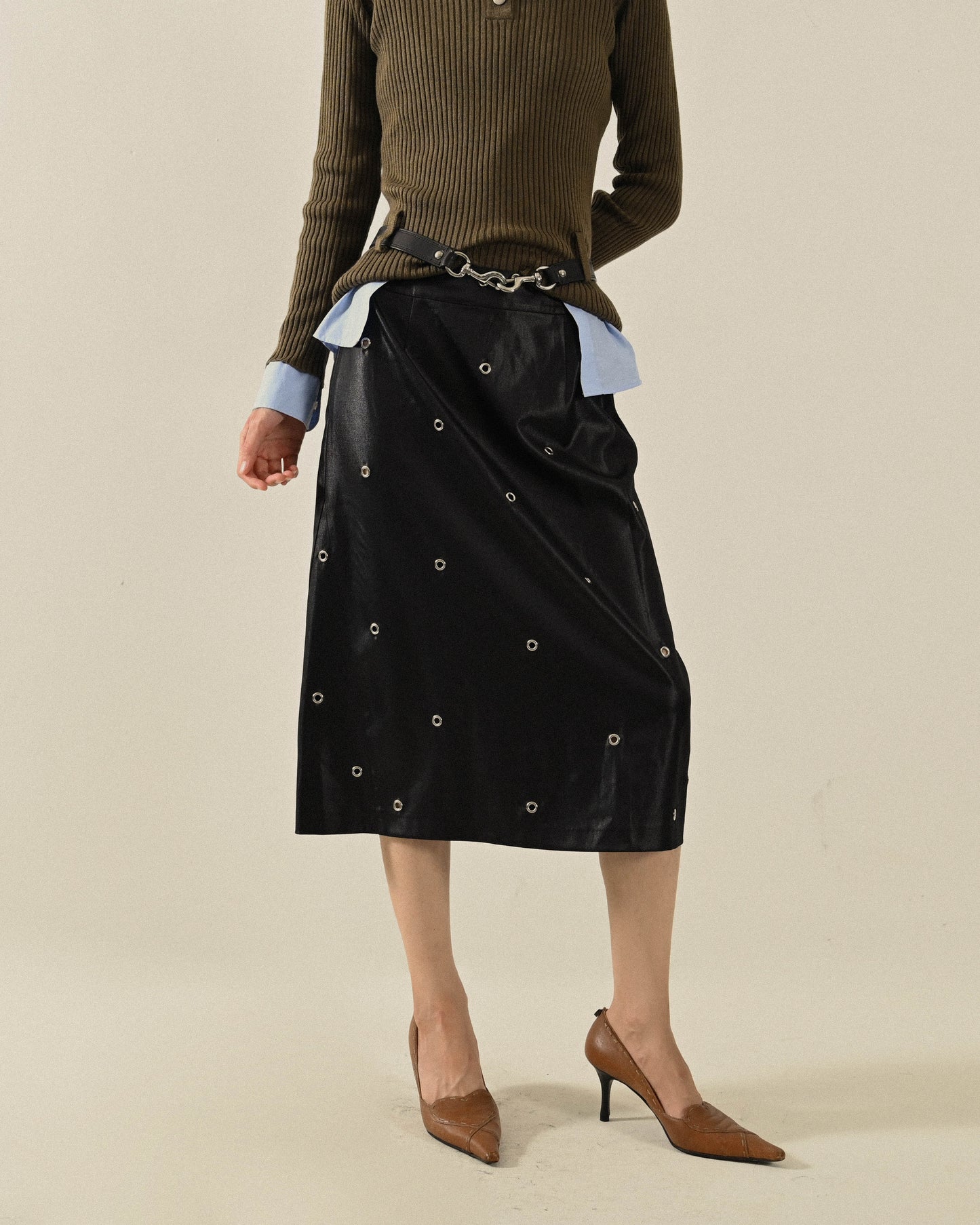 Upcycling金屬釦洞高腰古著長裙