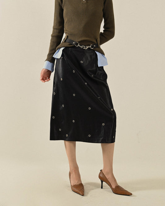 Upcycling金屬釦洞高腰古著長裙