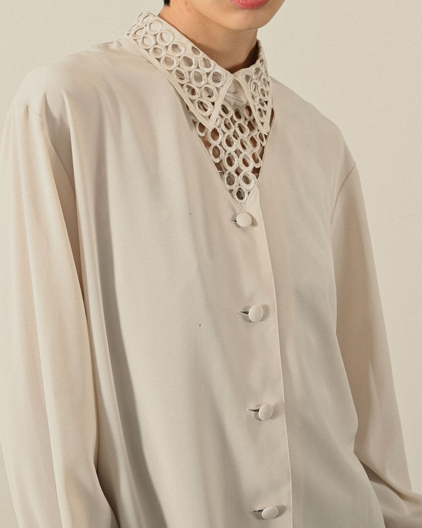 鏤空設計純色古著襯衫