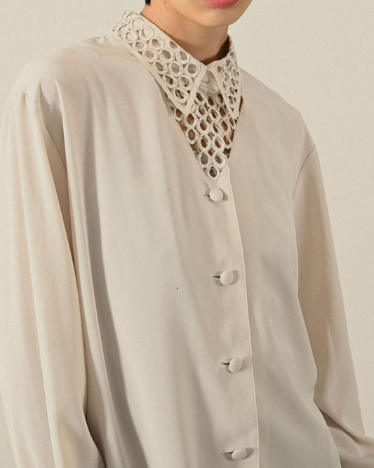 鏤空設計純色古著襯衫