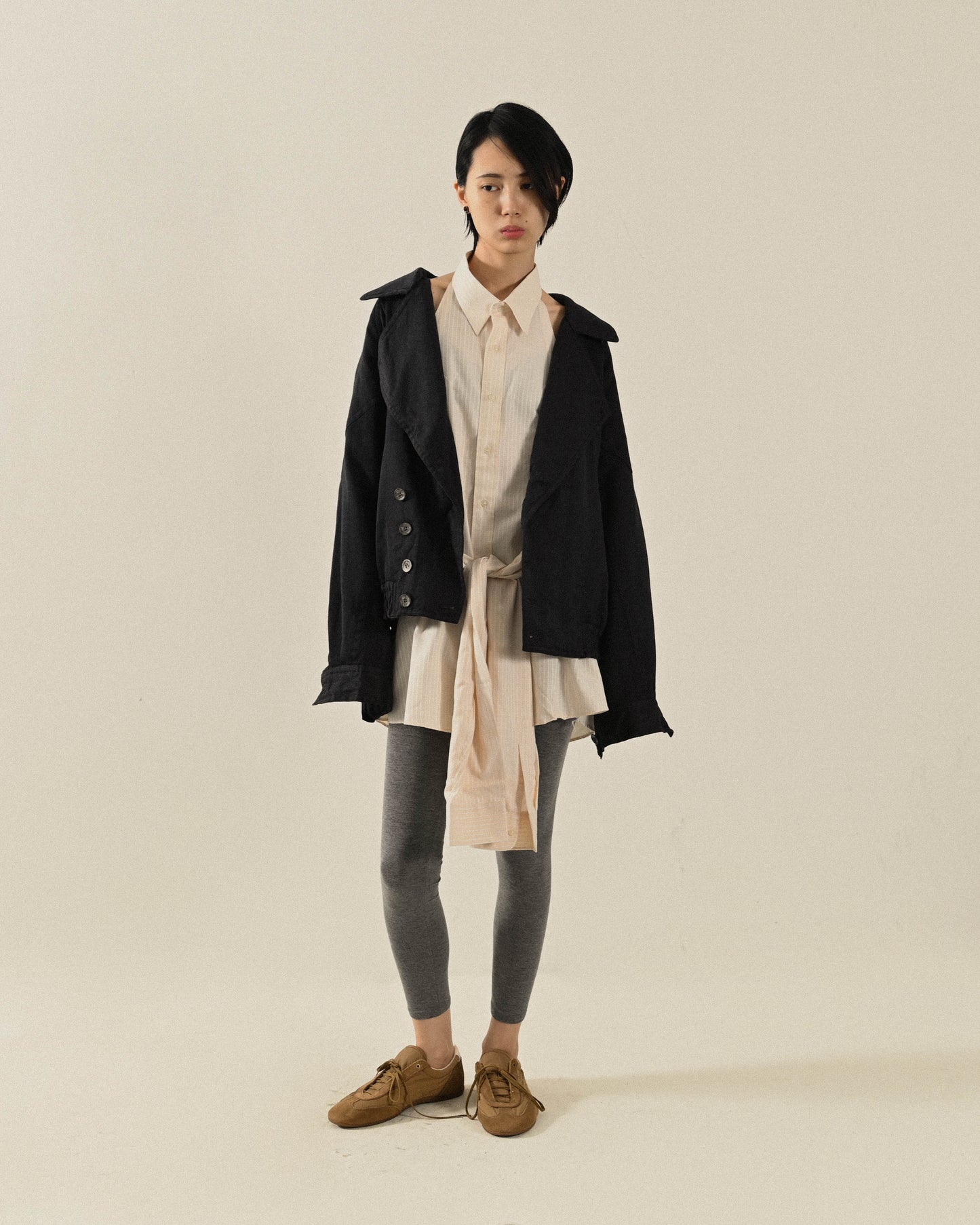 寬大翻領薄毛古著夾克外套