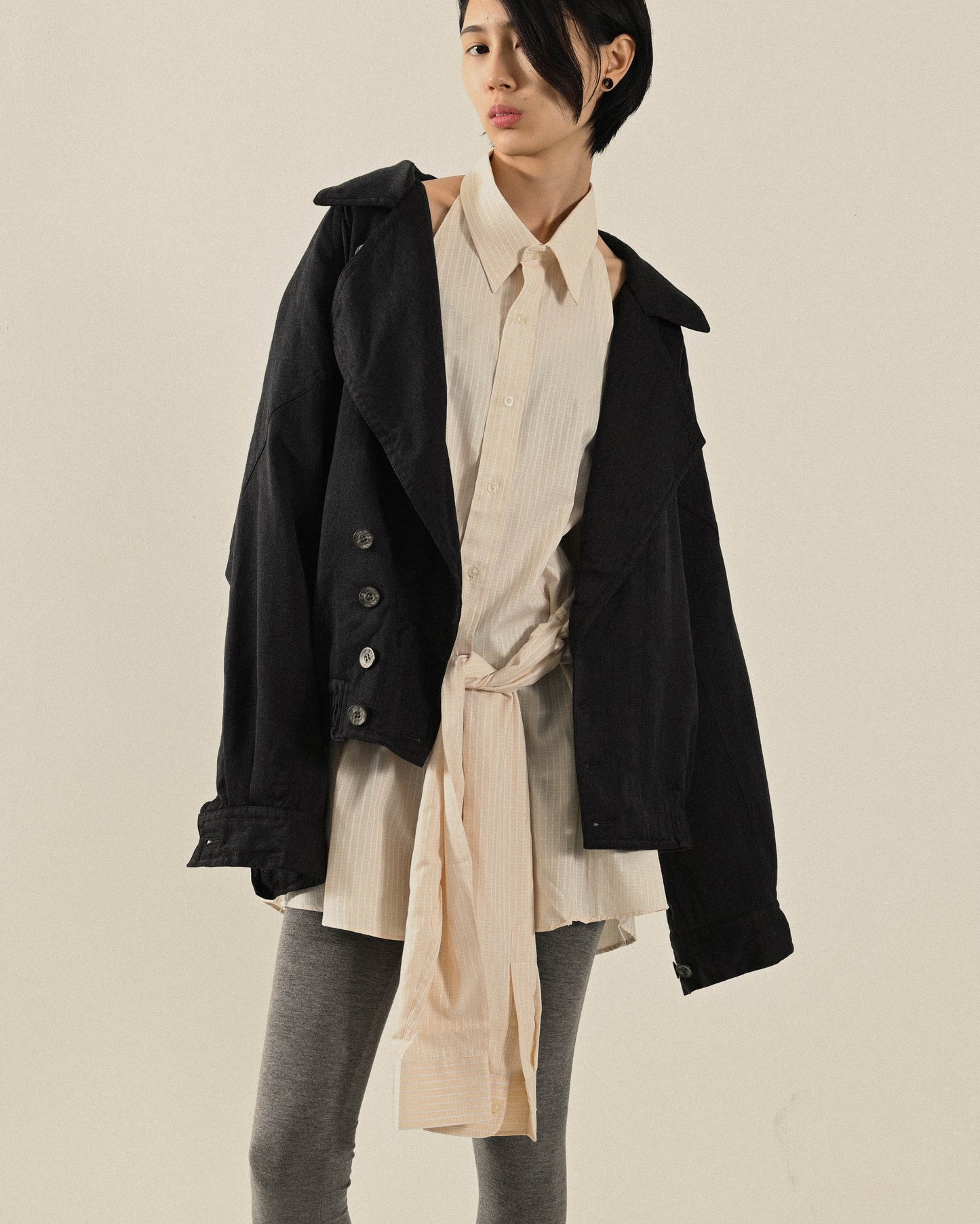 寬大翻領薄毛古著夾克外套