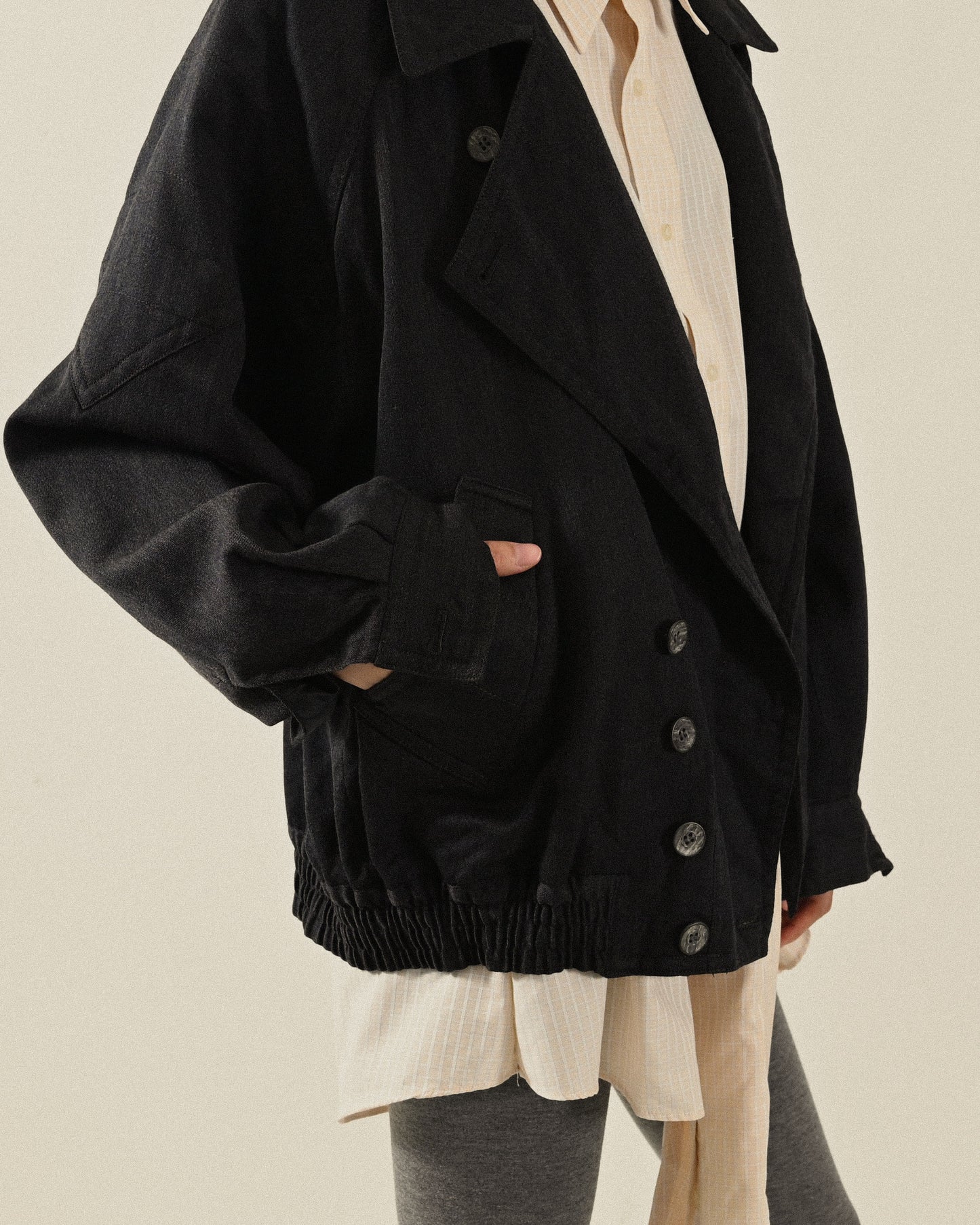 寬大翻領薄毛古著夾克外套