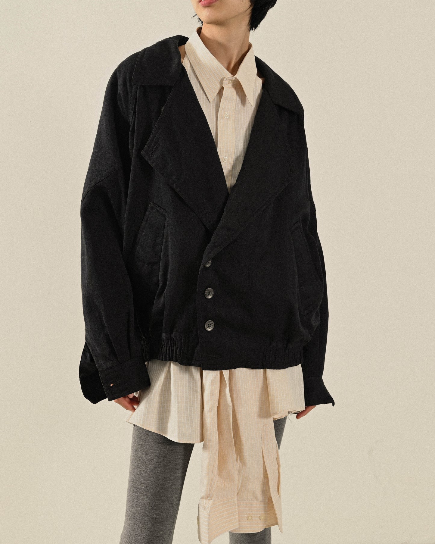 寬大翻領薄毛古著夾克外套