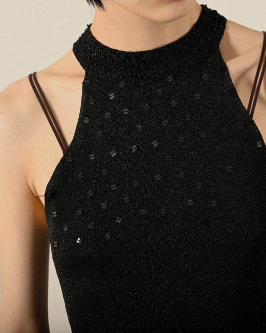 亮片綴飾金蔥削肩古著上衣