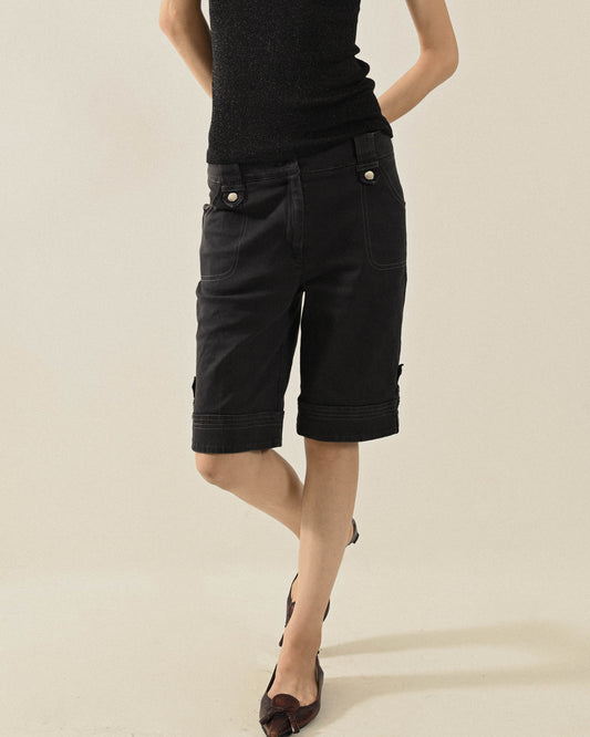 明線綴飾五分古著短褲