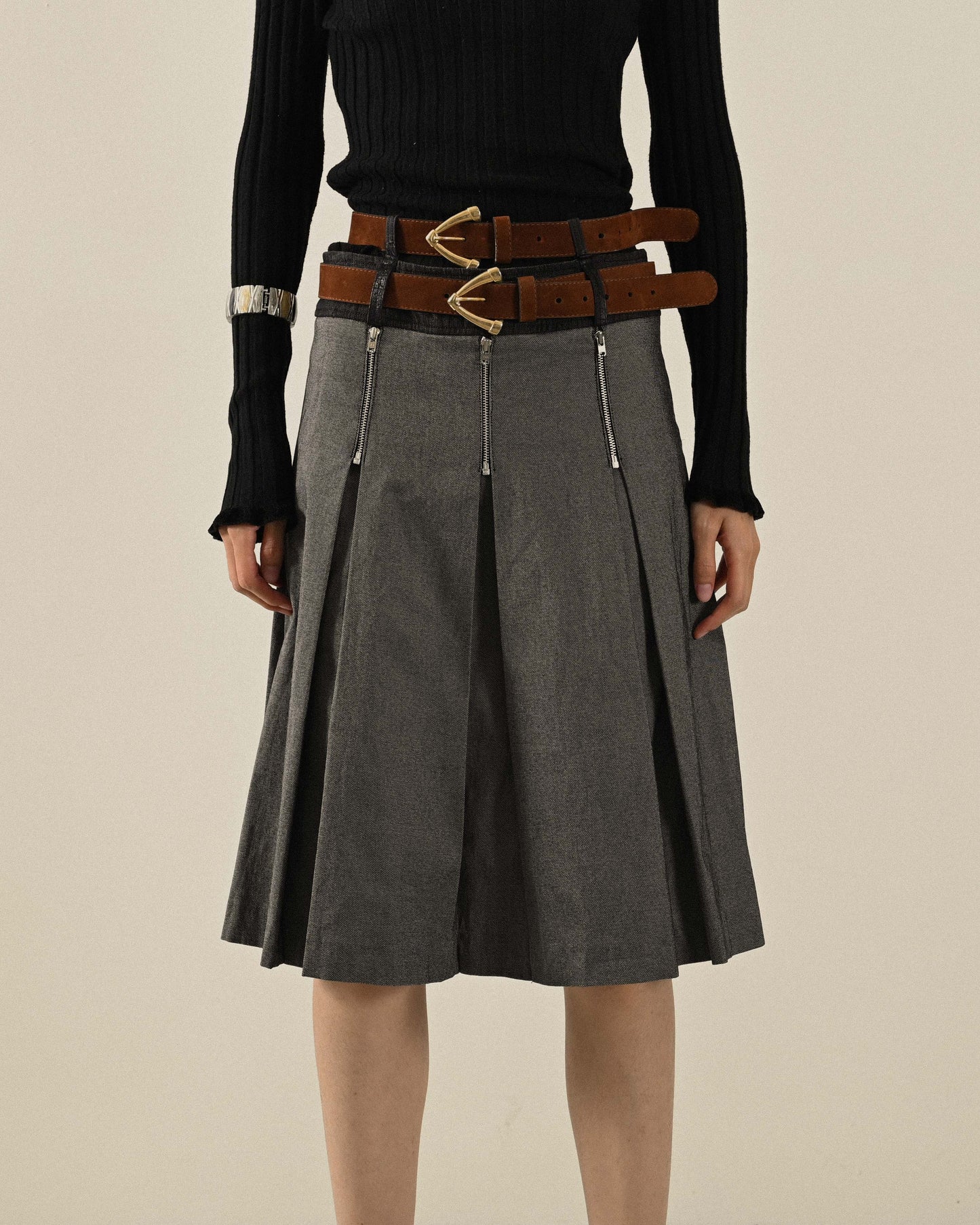 Upcycling扣帶設計合褶古著裙