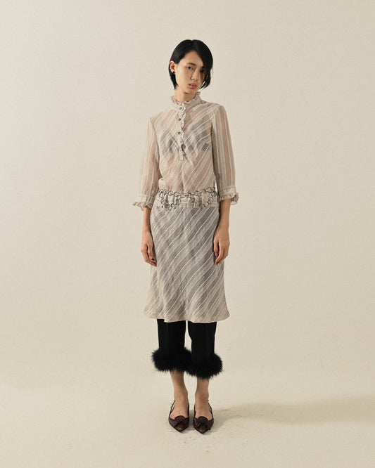 透膚緹花荷葉綴飾古著洋裝