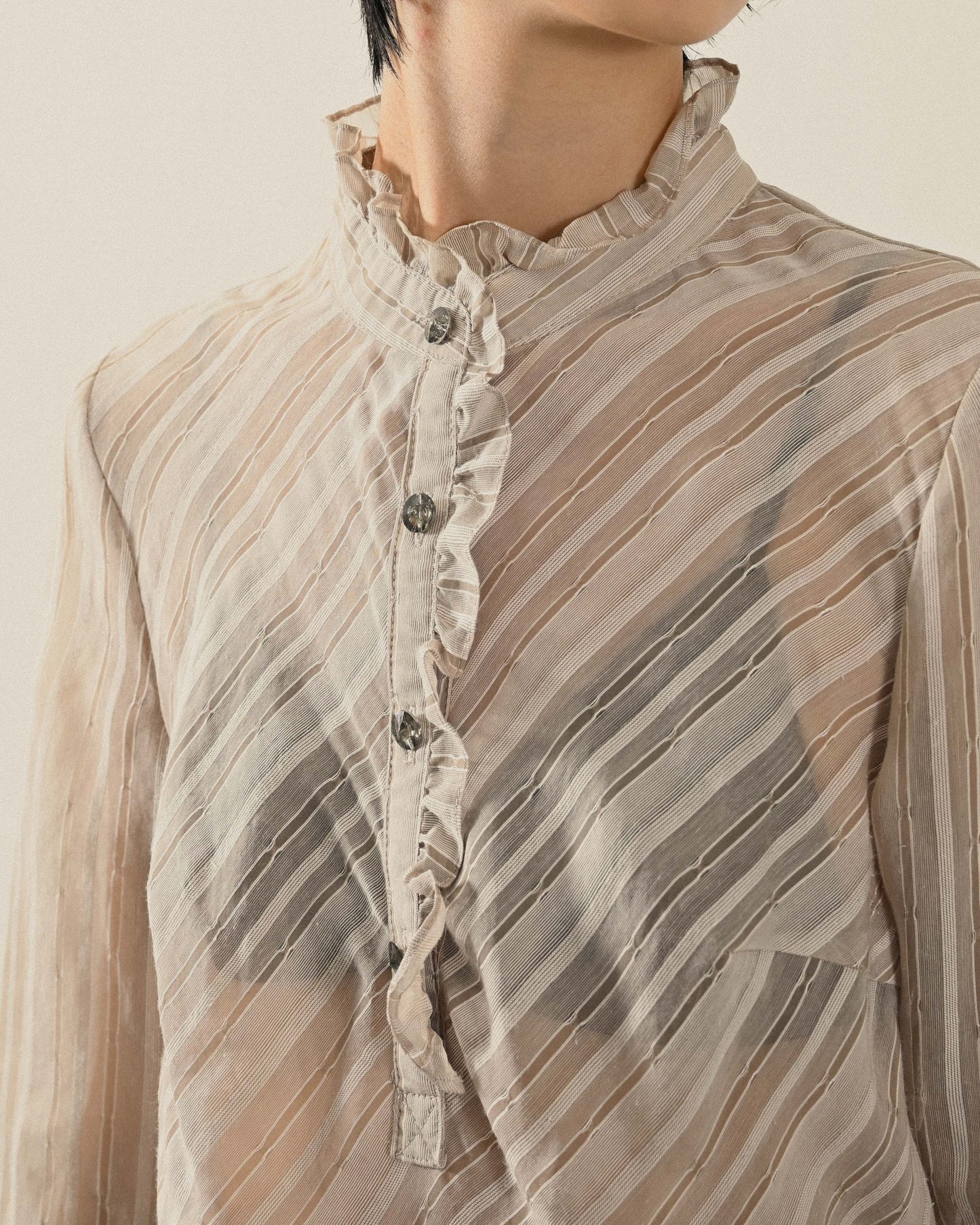 透膚緹花荷葉綴飾古著洋裝