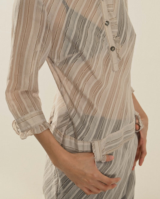 透膚緹花荷葉綴飾古著洋裝